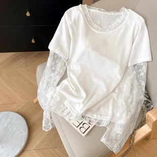 T恤 白色正肩长袖 小C家蕾丝绣花网纱拼接假两件上衣女2026新款 春季