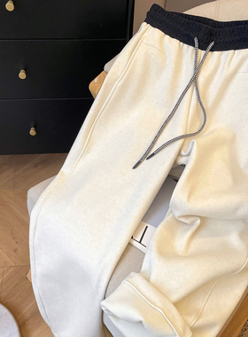 小C家 撞色高腰加绒弯刀裤女2025新款冬季加厚宽松阔腿裤休闲裤子