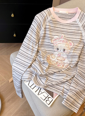 小C家 蕾丝花边插肩长袖t恤女2026新款春季可爱小熊印花条纹上衣