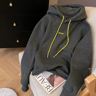 加绒宽松美式字母刺绣连帽卫衣女