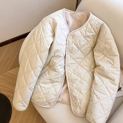小C家 杏色两面穿保暖棉服女2026冬季新款加厚圆领单排扣棉衣外套