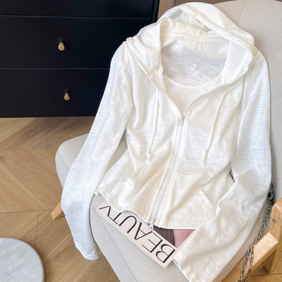 长袖休闲连帽拉链开衫假两件T恤