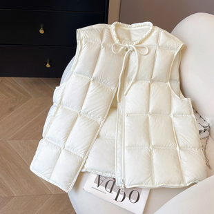 小C家 抽绳圆领羽绒服马甲女款2025新款冬季90白鸭绒宽松坎肩外套