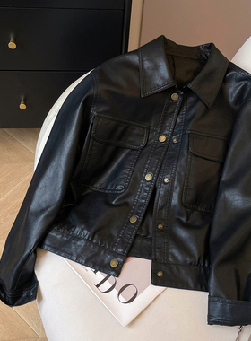 小C家 黑色皮衣外套女2025新款秋季酷飒风机车服宽松翻领软皮夹克