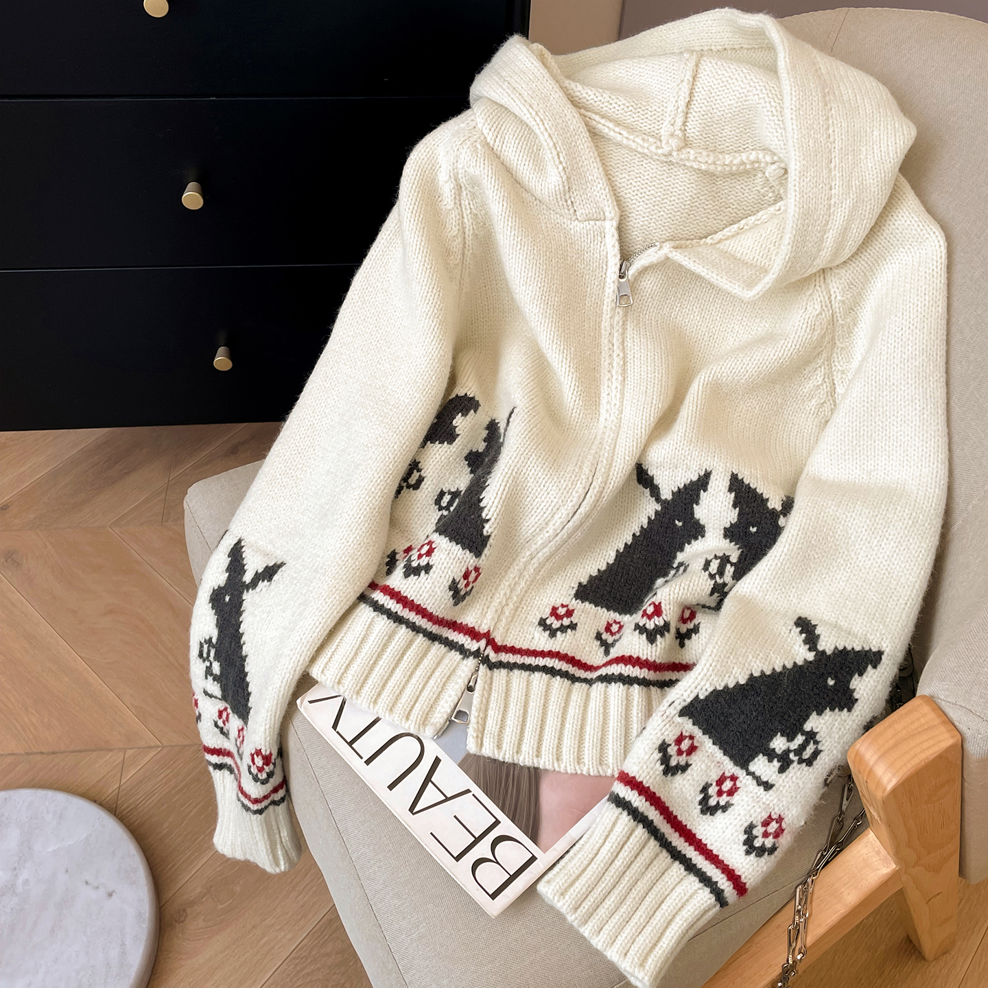 连帽费尔岛风宽松提花毛衣女新款