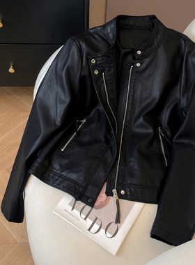 小C家 立领黑色皮衣外套女2026新款春季酷飒风小个子短款pu皮夹克