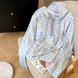 小C家 条纹针织帽衫女款2026新款春季薄款宽松半拉链套头长袖T恤