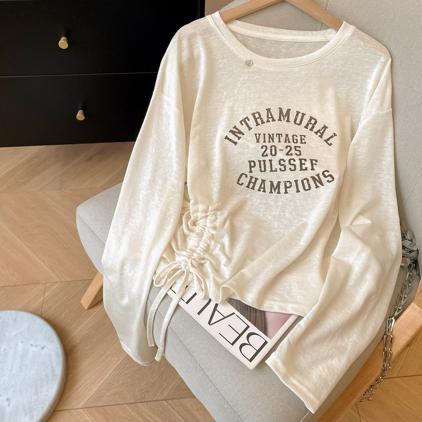 长袖美式vintage薄款抽褶罩衫女图片