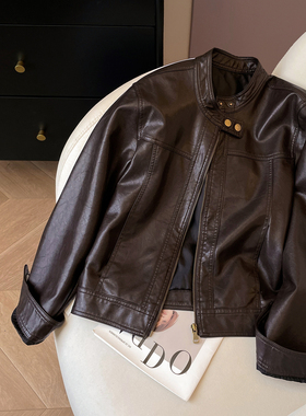 小C家 复古咖色皮衣外套女2026新款春季酷飒风美拉德风立领皮夹克