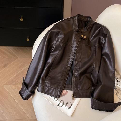 宽松美拉德风立领皮衣外套女新款