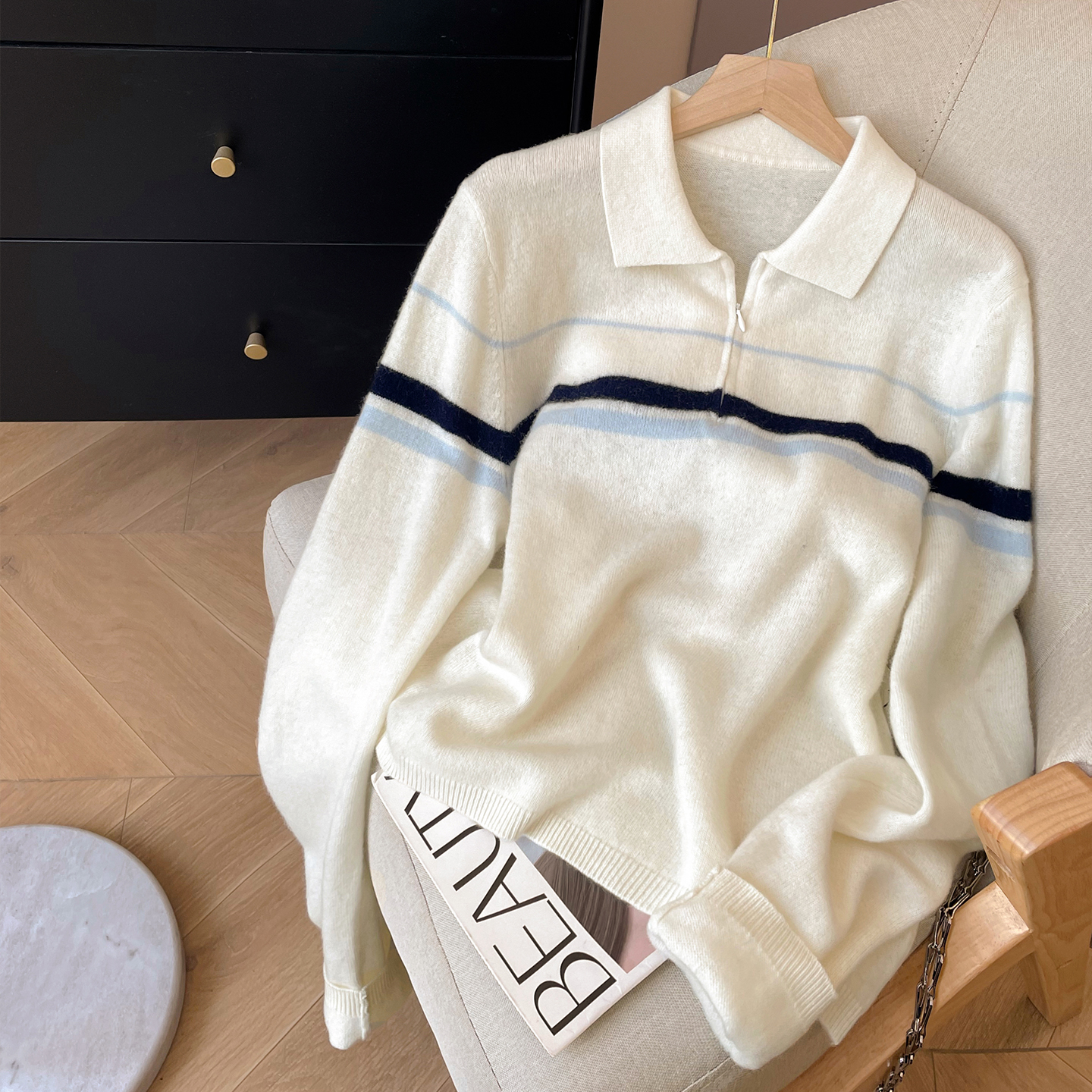 半拉链Polo领休闲宽松羊毛衫新款