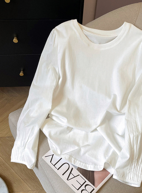 小C家 白色长袖T恤女2026新款春季内搭打底衫褶皱小众设计感上衣