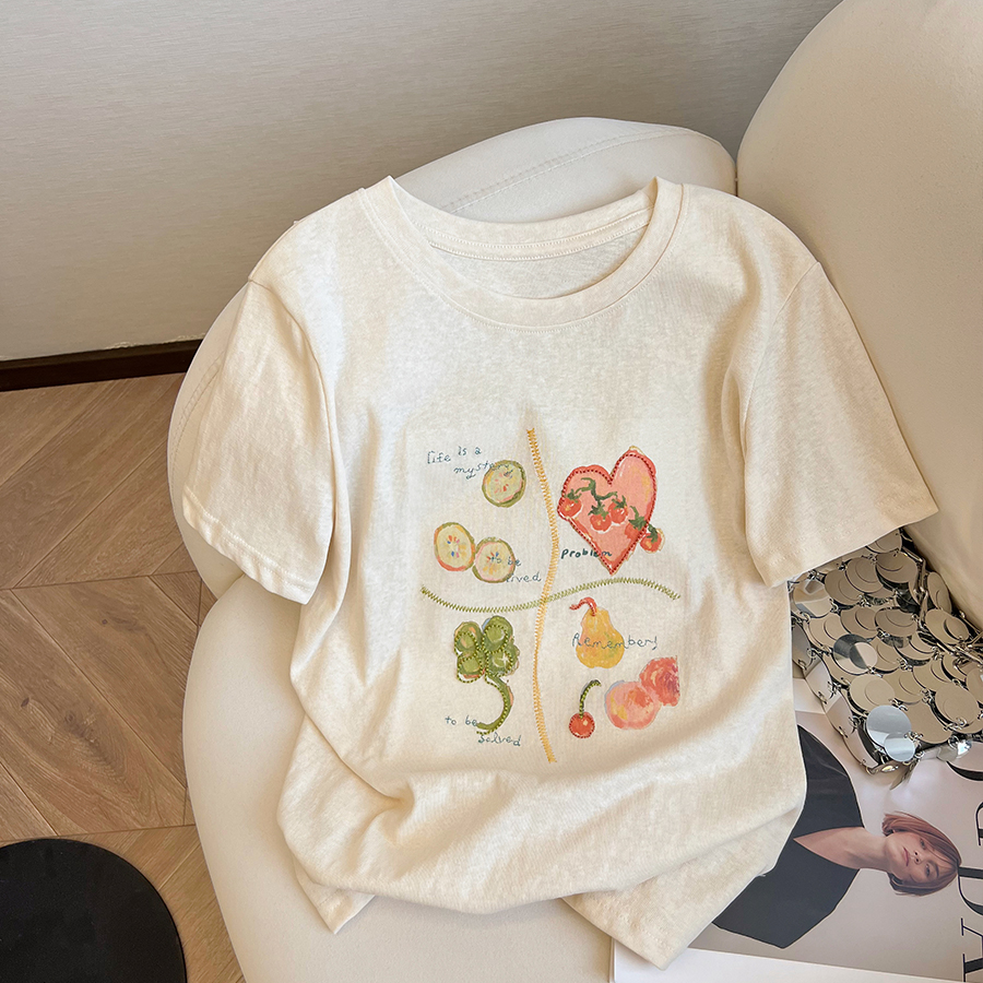 小C家食物图案印花刺绣设计感短袖T恤女2025夏季休闲直筒正肩上衣