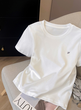 小C家 刺绣白色短袖T恤女2026新款夏简约基础款百搭圆领正肩上衣
