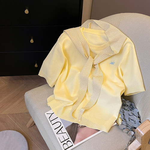 圆领套头披肩两件套针织短袖新款