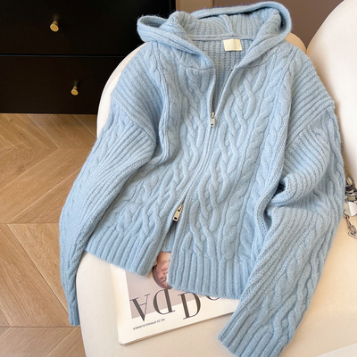 连帽慵懒风宽松麻花连帽毛衣开衫