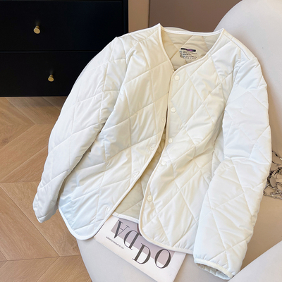 羊毛夹棉休闲宽松菱格棉服女新款