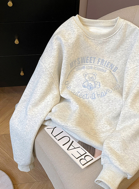 小C家 字母小熊刺绣圆领休闲卫衣女2026新款春季加绒宽松套头上衣