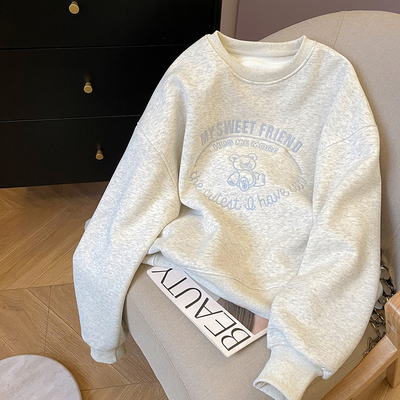 小C家 字母小熊刺绣圆领休闲卫衣女2026新款春季加绒宽松套头上衣