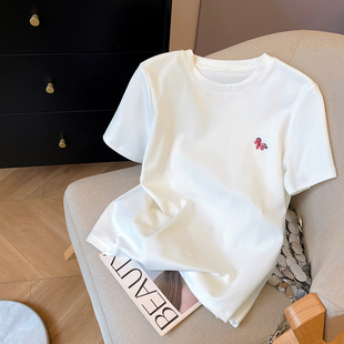 小C家 小马刺绣短袖T恤女2026新款春季休闲百搭套头圆领正肩上衣