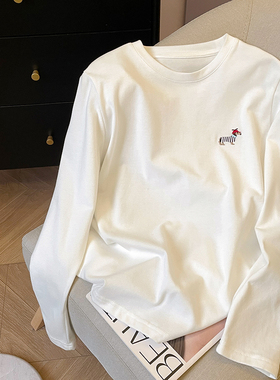 小C家 小狗刺绣白色长袖T恤女2026新款春季宽松磨毛棉内搭打底衫