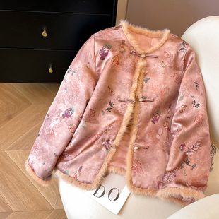 小C家 新中式国风盘扣提花上衣女款2026新款冬季毛边坎肩夹棉外套