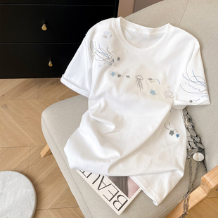 小C家 珍珠水母刺绣短袖T恤女2026新款夏小清新宽松套头圆领上衣