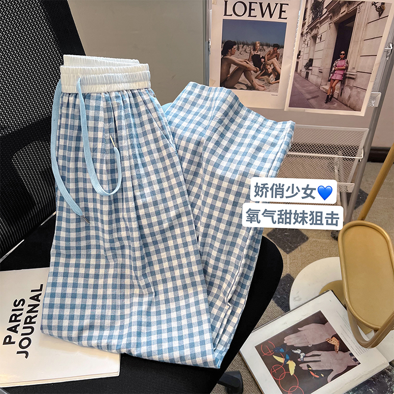 小c家 抽绳蓝色格子休闲裤女夏季2025新款高腰垂感直筒遛弯阔腿裤
