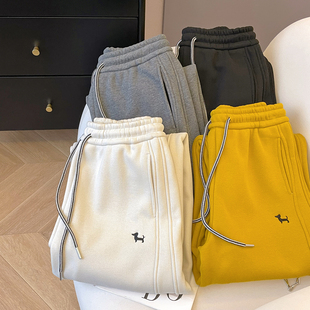 小C家 加绒运动裤女款2025新款冬加厚窄版阔腿裤小狗刺绣休闲卫裤