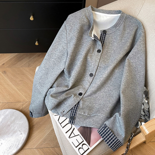 小C家 圆领卫衣女款2026新款春季学院风穿搭格子拼接长袖开衫外套