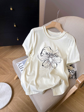 小C家韩版重工钉珠花朵印花短袖T恤女夏季新款设计感独特别致上衣