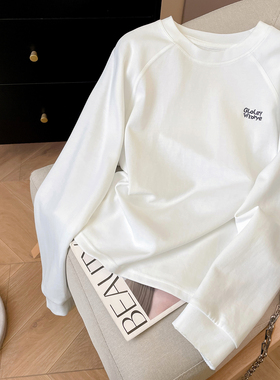 小C家 字母刺绣插肩长袖T恤女2026新款春内搭白色打底衫宽松上衣