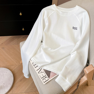 小C家 字母刺绣插肩长袖T恤女2026新款春内搭白色打底衫宽松上衣