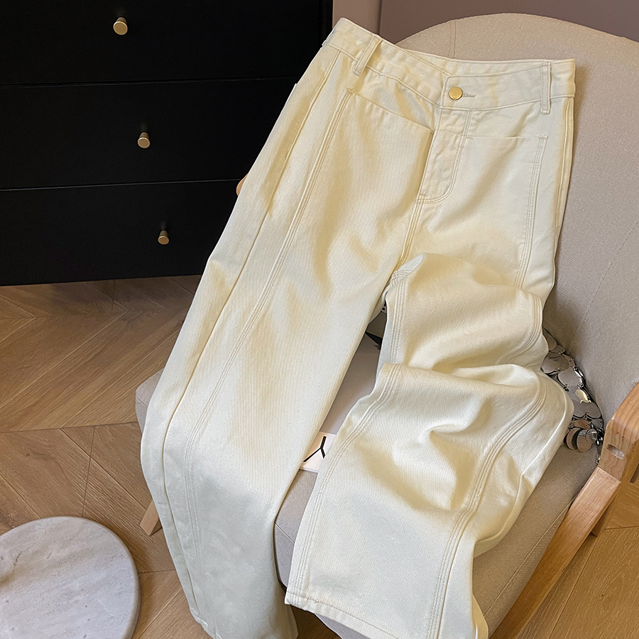 小C家 米色直筒垂感牛仔裤女秋季小个子高腰阔腿宽松窄版烟管裤子