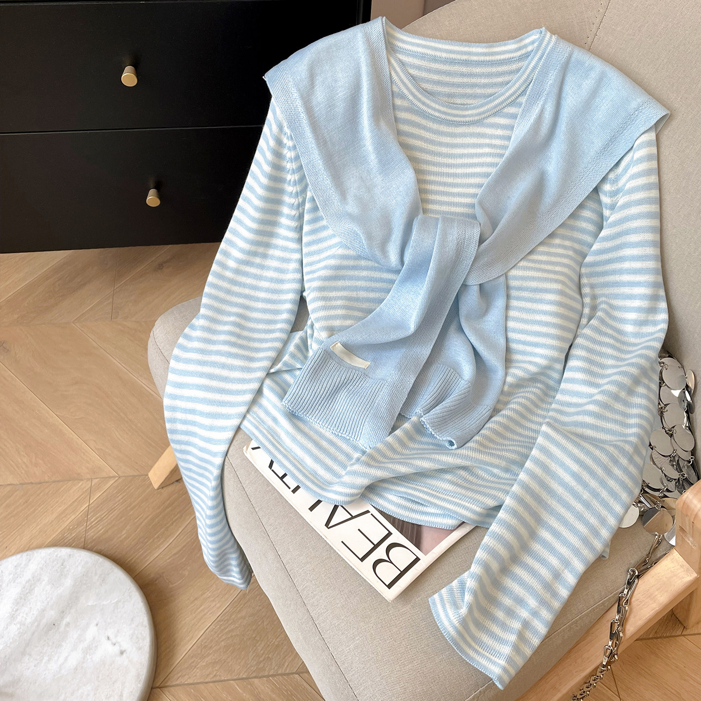 小C家 条纹针织衫女2026新款春季披肩外搭圆领长袖韩系穿搭两件套
