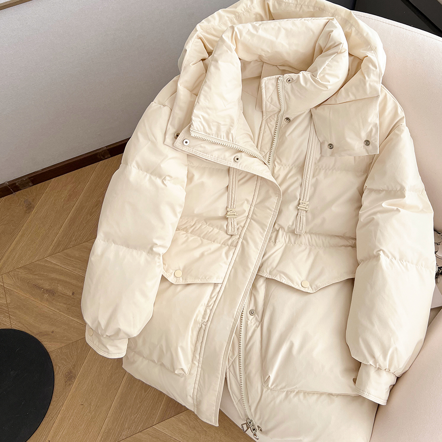 小C家 米色中长款白鸭绒羽绒服女2024年冬季连帽抽绳加厚保暖外套