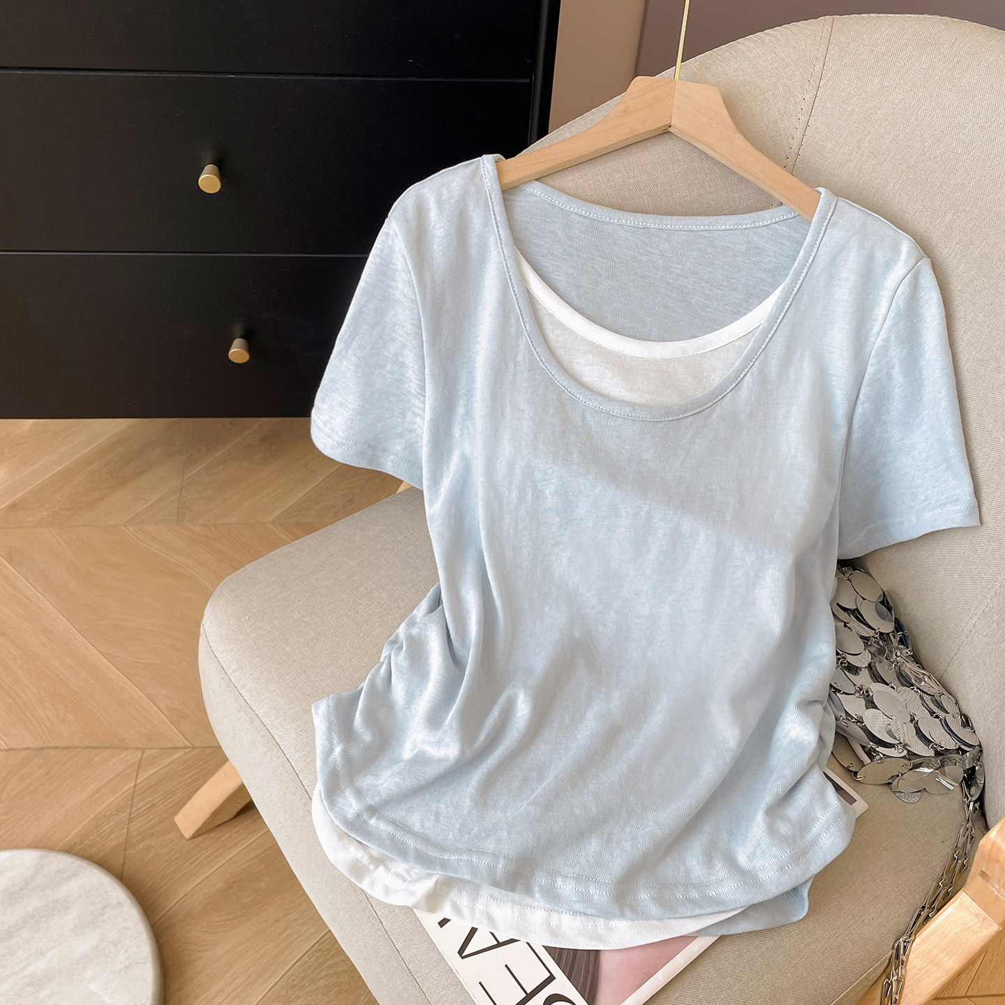 小C家 假两件圆领短袖T恤女2026新款夏薄款褶皱收腰显瘦正肩上衣
