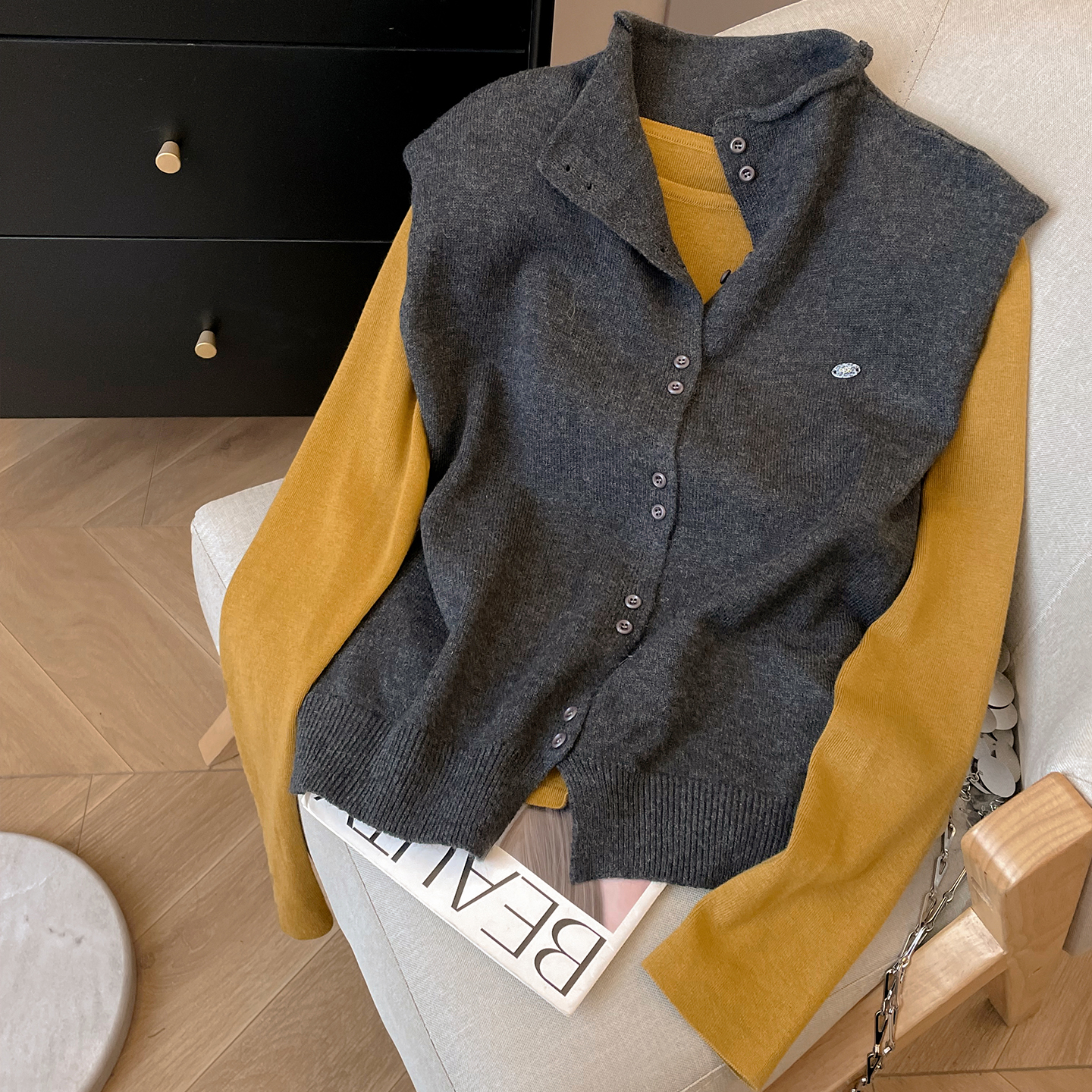 单排扣休闲卷边圆领两件套秋新款