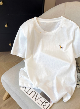 小C家原创小马刺绣圆领薄款短袖T恤女2025夏新款白色时尚小众上衣