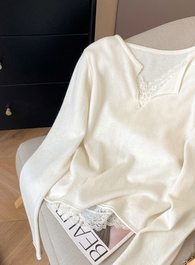 小C家 V领羊毛衫女100纯羊毛2026新款早春打底毛衣蕾丝拼接针织衫