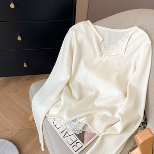 小C家 V领羊毛衫女100纯羊毛2026新款早春打底毛衣蕾丝拼接针织衫
