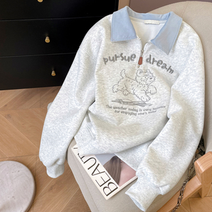 小C家 Polo领半拉链卫衣女款2026新款春可爱韩系穿搭小狗刺绣上衣