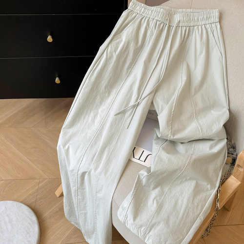 松紧高腰休闲长裤系带阔腿裤女夏