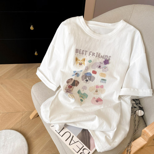 短袖减龄小狗印花中长款T恤女夏