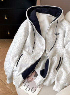 小C家 灰色开衫连帽卫衣女2026新款春季韩系穿搭刺绣休闲运动外套