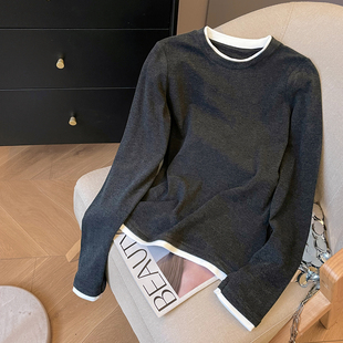 内搭磨毛打底衫 冬季 套头正肩上衣 T恤女2025新款 小C家拼色圆领长袖