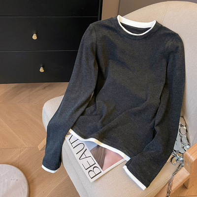 磨毛宽松休闲拼色圆领长袖T恤女