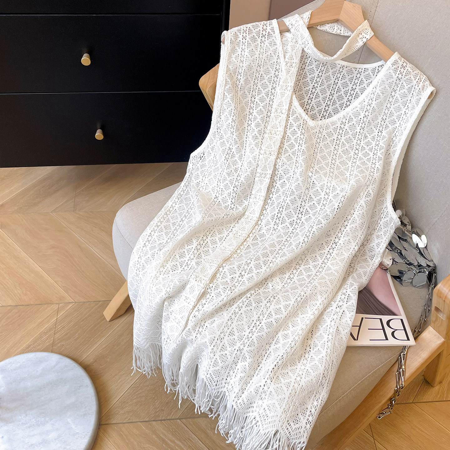 小C家 流苏无袖背心女2026新款夏叠穿针织镂空罩裙中长款飘带上衣