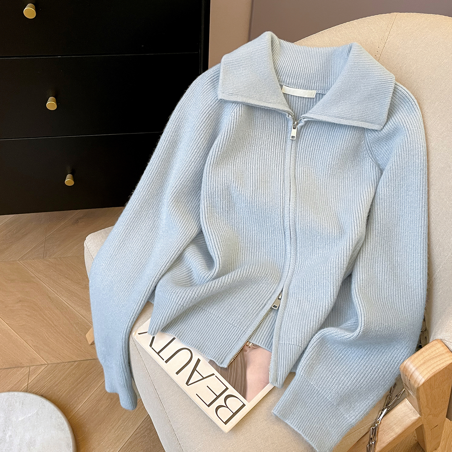 翻领休闲宽松双拉链开衫毛衣外套