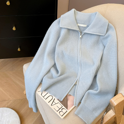 翻领休闲宽松双拉链开衫毛衣外套